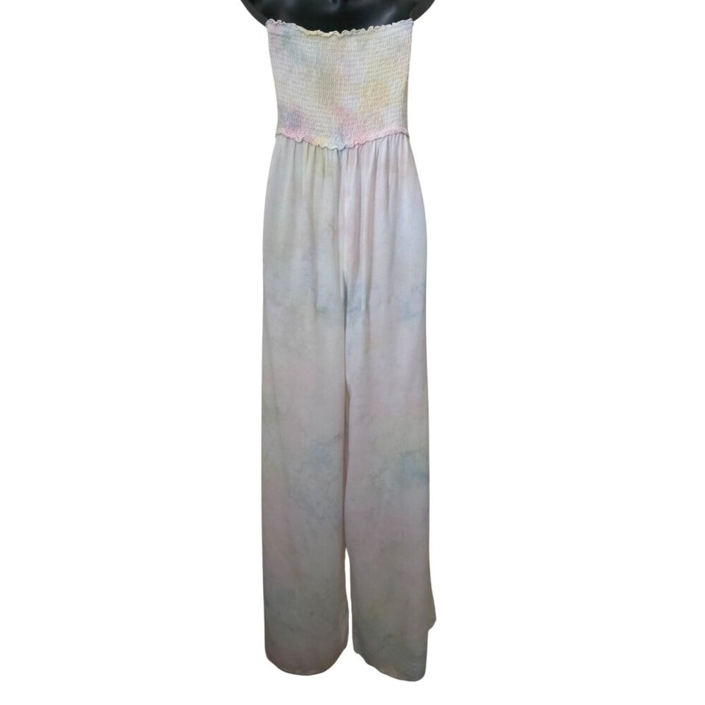 Kiwi + Punch Strapless Pastel Tie-Dye Wide-Leg Rayon Jumpsuit Smocked Bodice Sz - Picture 2 of 5